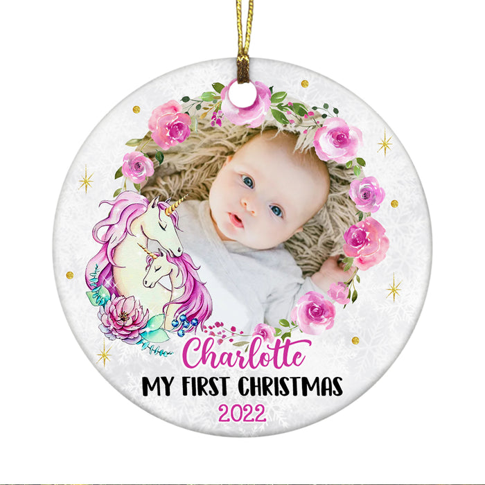 Personalized Unicorn My First Christmas Baby Girl Circle Ornament NB51 58O47 1