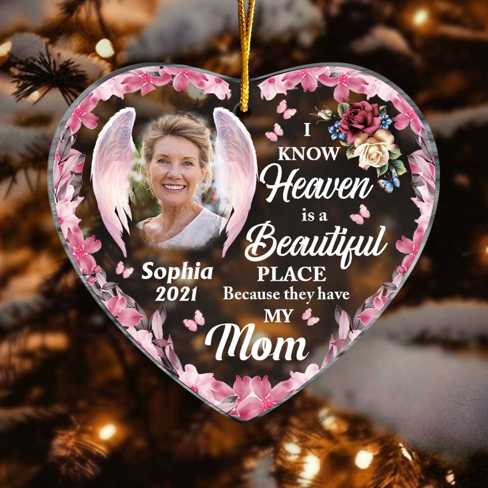 Personalized Heaven Is A Beautiful Pink Butterfly Flower Memorial Loss Of Mom Grandma Heart Ornament NB151 58O47 Primary Mockup