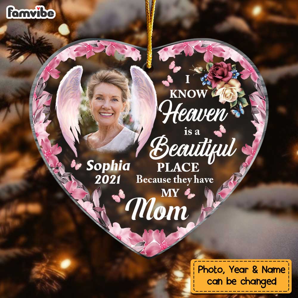 Personalized Heaven Is A Beautiful Pink Butterfly Flower Memorial Loss Of Mom Grandma Heart Ornament NB151 58O47 Primary Mockup