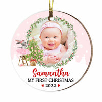 Personalized Pink Baby First Christmas Bunny Photo Circle Ornament NB161 23O47 thumb 1