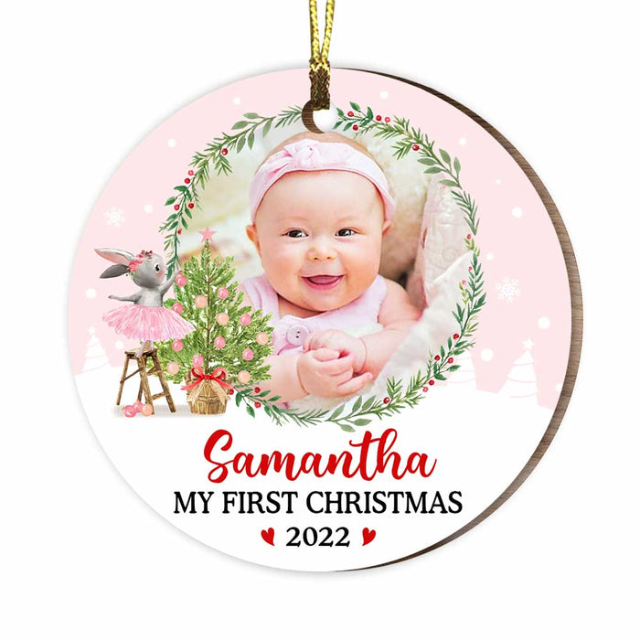 Personalized Pink Baby First Christmas Bunny Photo Circle Ornament NB161 23O47 1