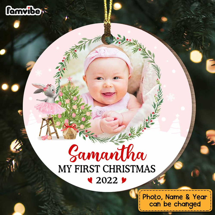 Personalized Pink Baby First Christmas Bunny Photo Circle Ornament NB161 23O47 1