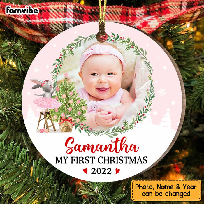 Personalized Pink Baby First Christmas Bunny Photo Circle Ornament NB161 23O47 1