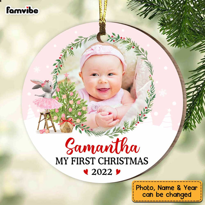 Personalized Pink Baby First Christmas Bunny Photo Circle Ornament NB161 23O47 1