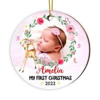 Personalized Baby First Christmas Photo Deer Circle Ornament NB151 85O28 thumb 1