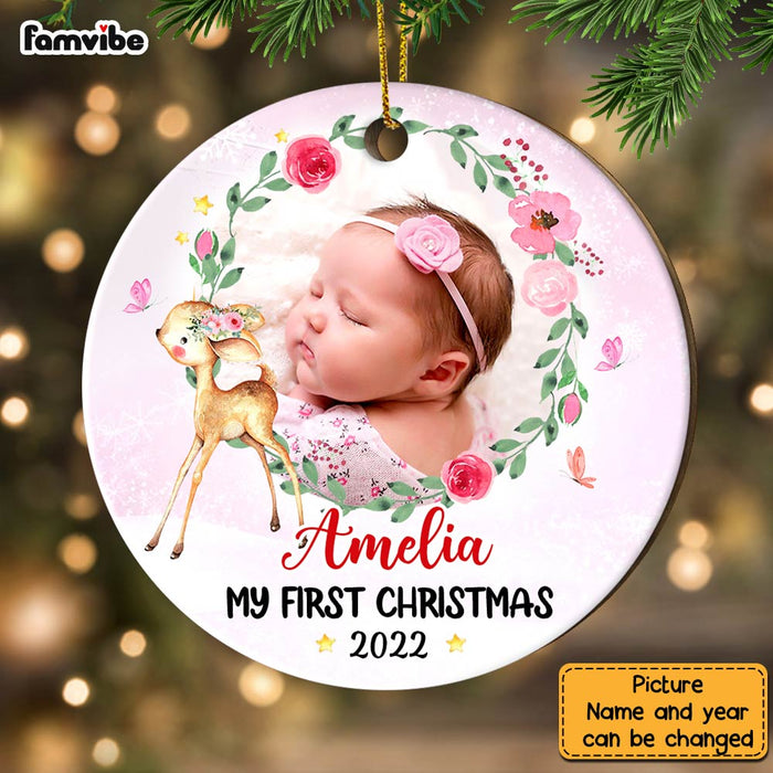 Personalized Baby First Christmas Photo Deer Circle Ornament NB151 85O28 1