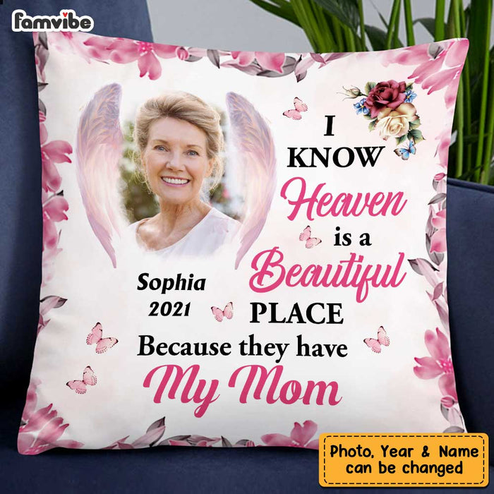 Personalized Heaven Is A Beautiful Pink Butterfly Flower Memorial Loss Of Mom Grandma Pillow NB151 58O47 1