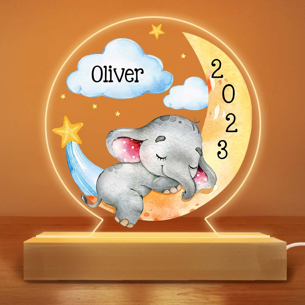 Personalized Sleeping Elephant Moon Baby Boy Girl Plaque LED Lamp Night Light 22899 Primary Mockup