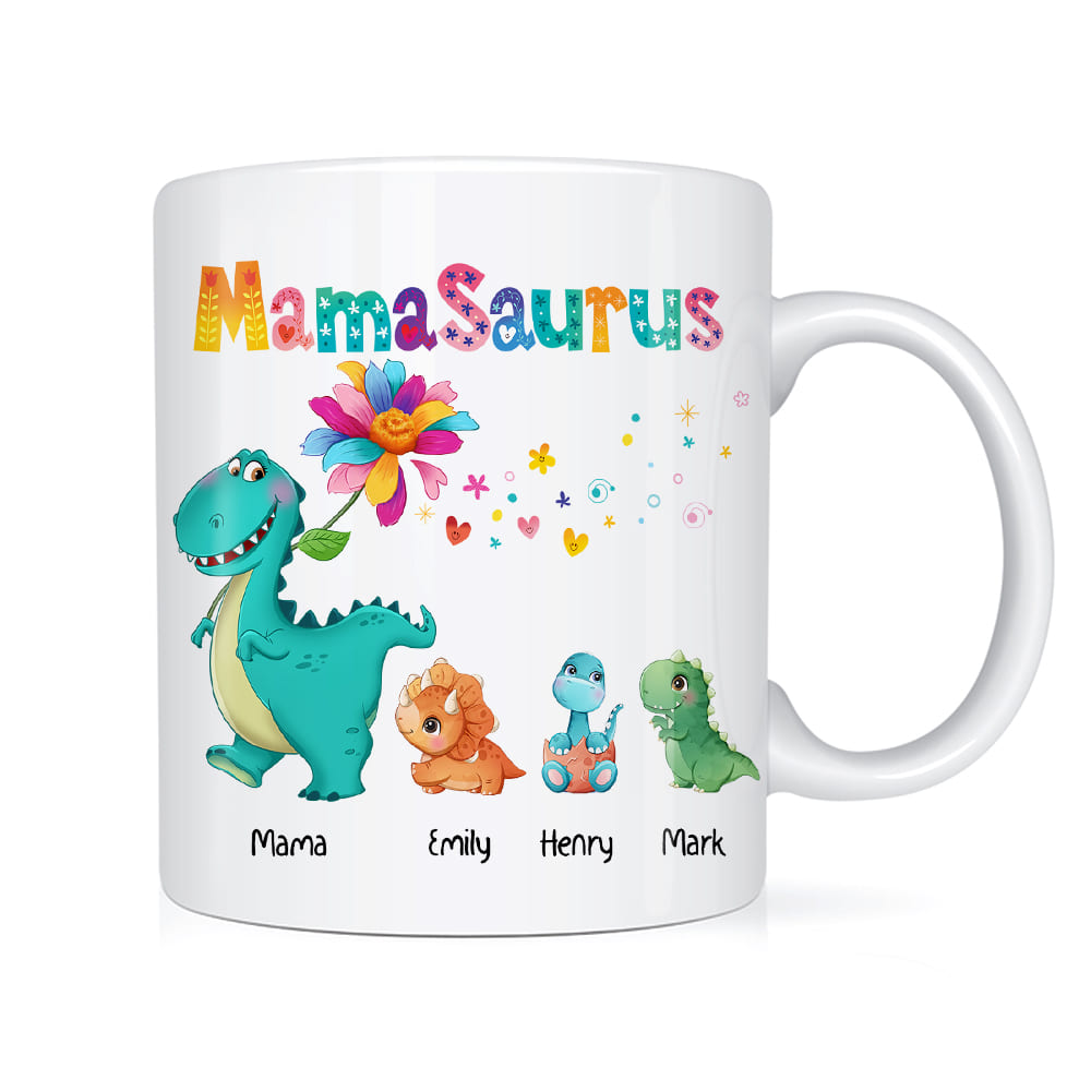 Personalized Mamasaurus Mug, Dinosaur Coffee Cup, Custom Mothers Day,  Christmas Present, Mom Gift, Birthday, Kids Names Mug, Best Mom Ever 
