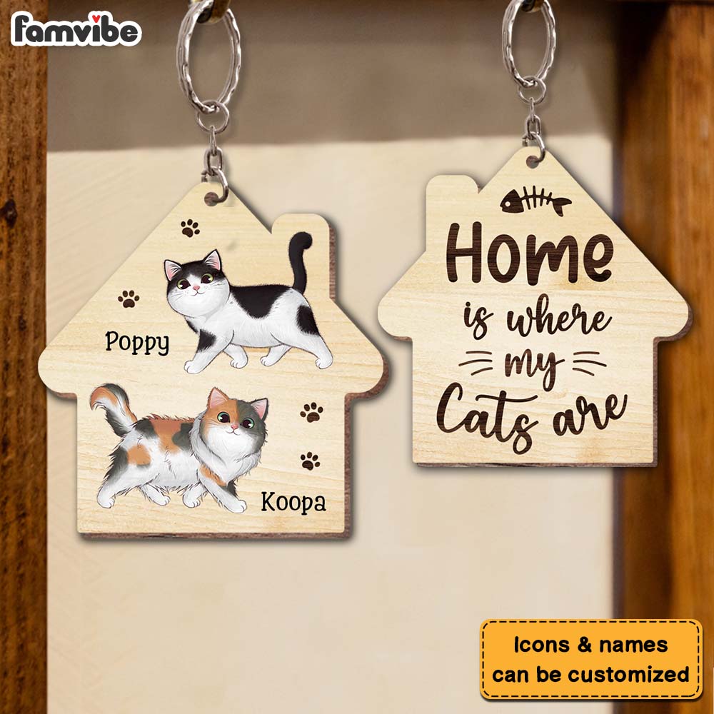 Personalized Home Is Where My Cats Are Wood Keychain 25132 Primary Mockup
