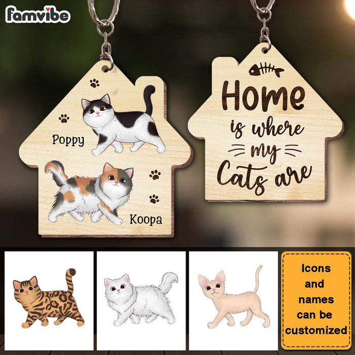 Personalized Home Is Where My Cats Are Wood Keychain 25132 1