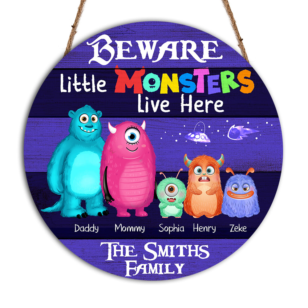 Personalized Family Beware Little Monsters Live Here Round Wood Sign 25271 Primary Mockup