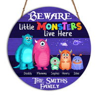 Personalized Family Beware Little Monsters Live Here Round Wood Sign 25271 thumb 1