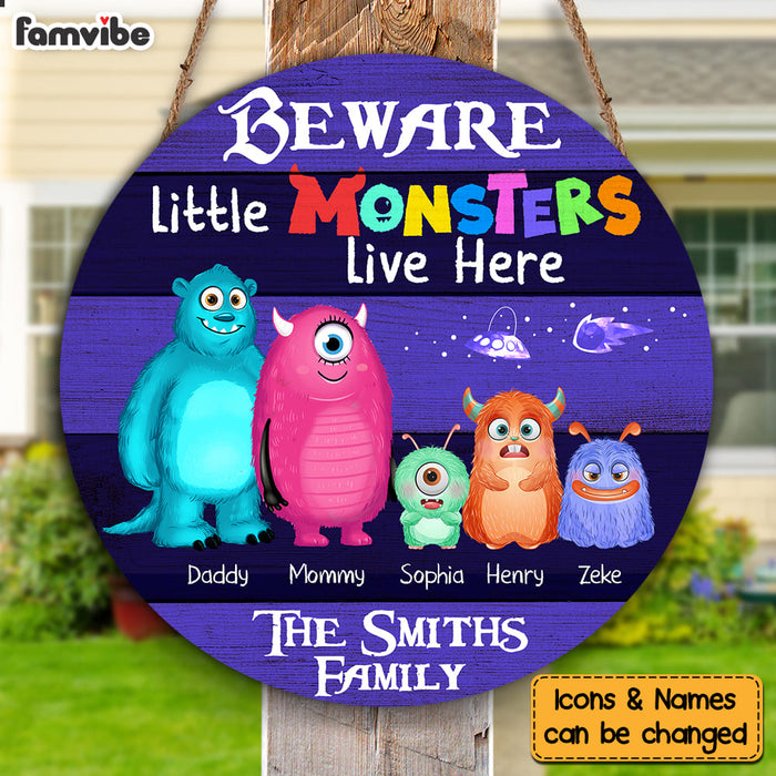 Personalized Family Beware Little Monsters Live Here Round Wood Sign 25271 1