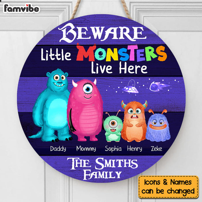 Personalized Family Beware Little Monsters Live Here Round Wood Sign 25271 1