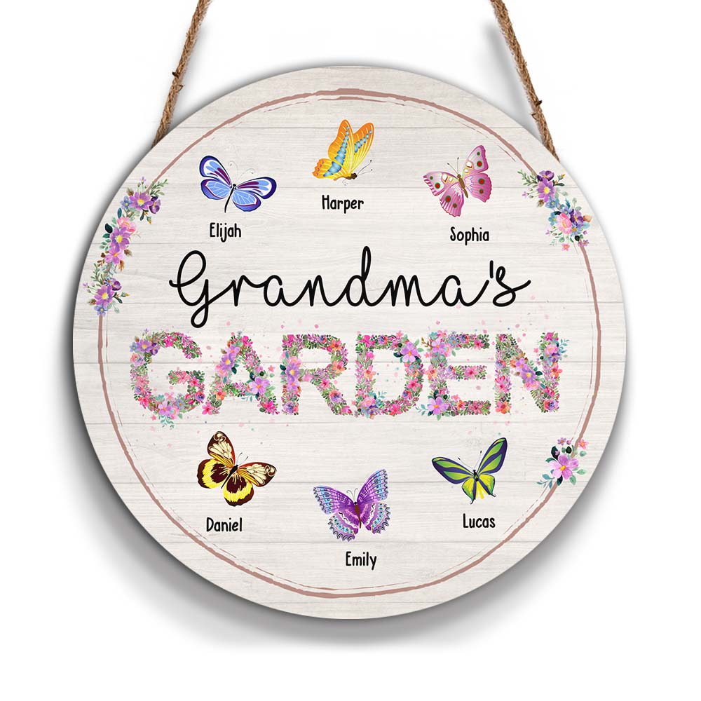 Personalized Grandma's Garden Colorful Butterflies Round Wood Sign 25327 Primary Mockup