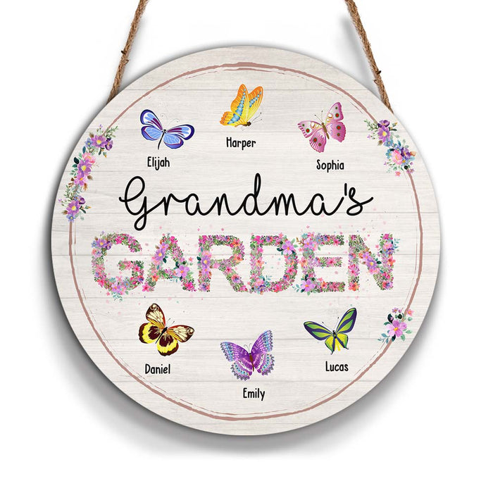 Personalized Grandma's Garden Colorful Butterflies Round Wood Sign 25327 1