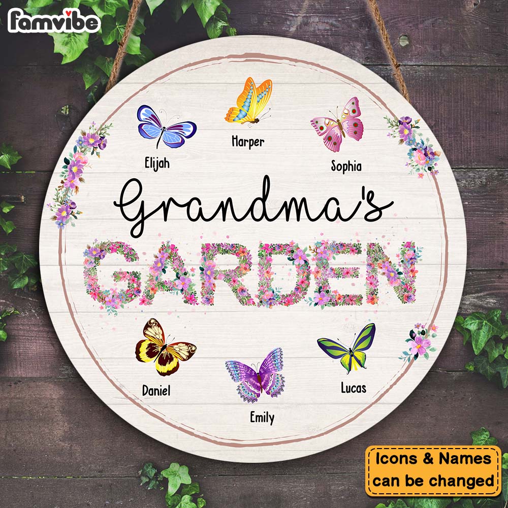 Personalized Grandma's Garden Colorful Butterflies Round Wood Sign 25327 Primary Mockup