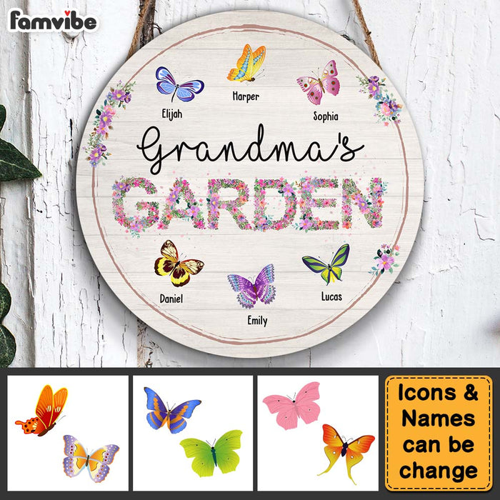 Personalized Grandma's Garden Colorful Butterflies Round Wood Sign 25327 1