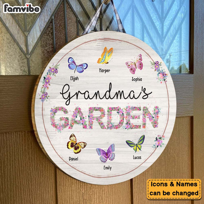 Personalized Grandma's Garden Colorful Butterflies Round Wood Sign 25327 1