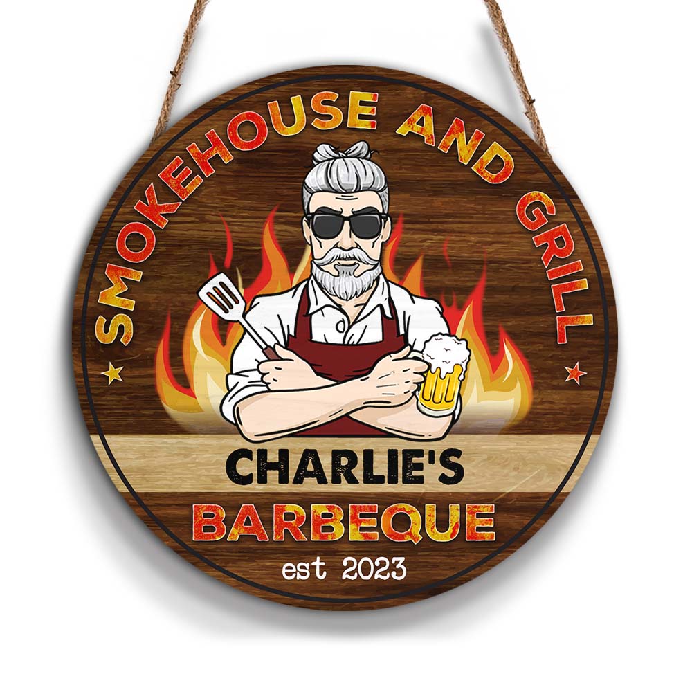 Personalized Smokehouse And Grill Round Wood Sign 25335 Primary Mockup