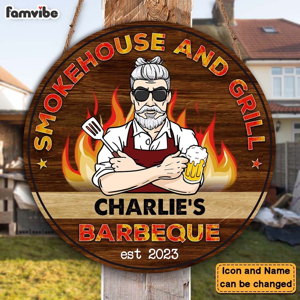 Personalized Smokehouse And Grill Round Wood Sign 25335 Primary Mockup