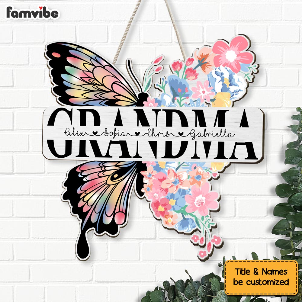 Personalized Grandma Butterfly Flowers Wood Sign 25440 Primary Mockup