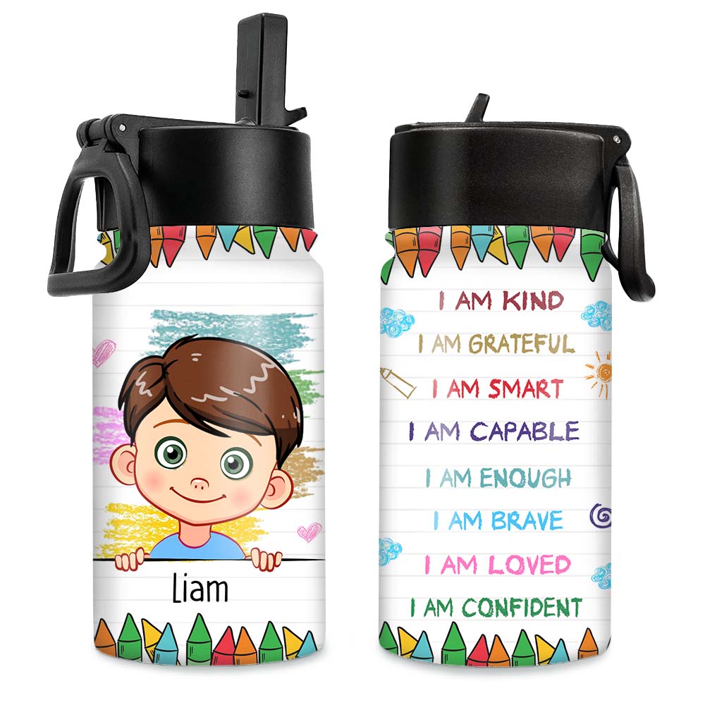 Personalized Back To School I Am Kind Kids Water Bottle With Straw Lid 25676 Primary Mockup