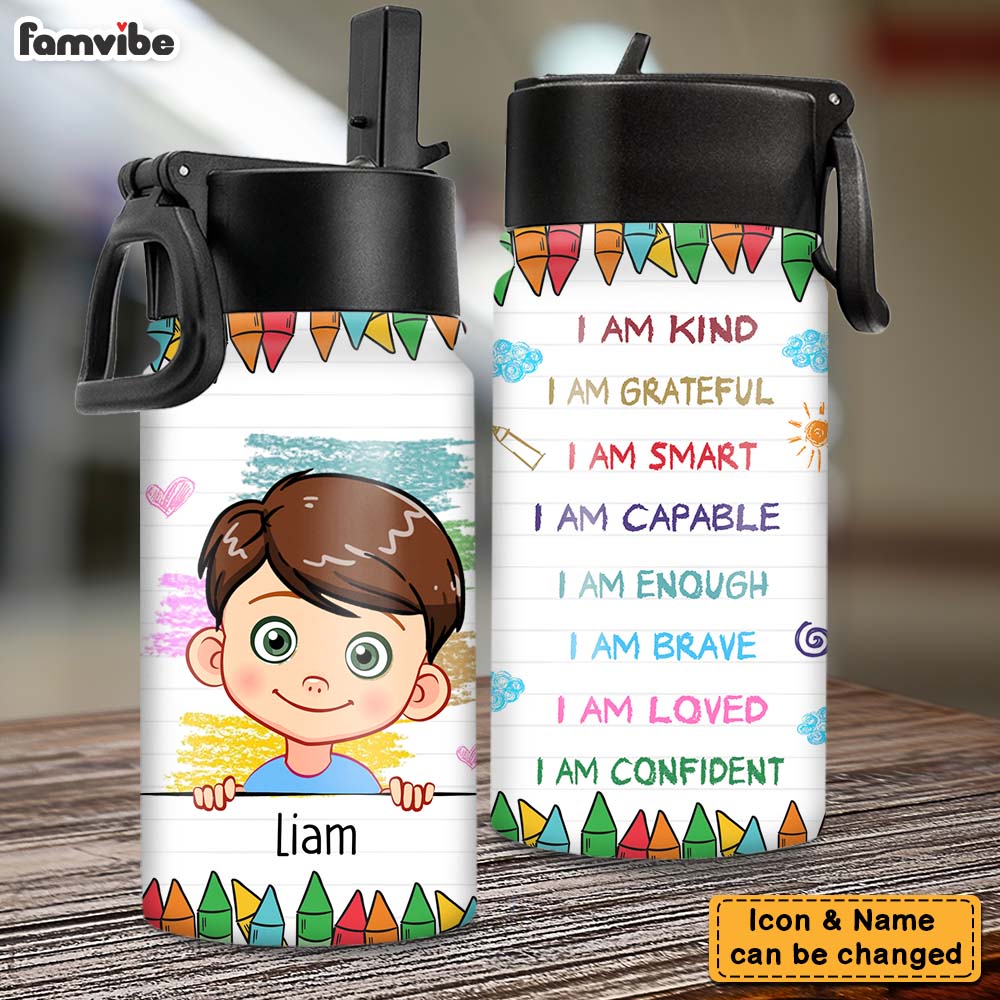 Personalized Back To School I Am Kind Kids Water Bottle With Straw Lid 25676 Primary Mockup