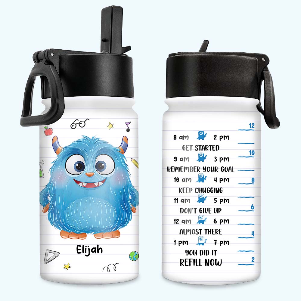 Personalized Little Monster Cheers To Drink Gift For Grandson Granddaughter Kids Water Bottle With Straw Lid 25684 Primary Mockup