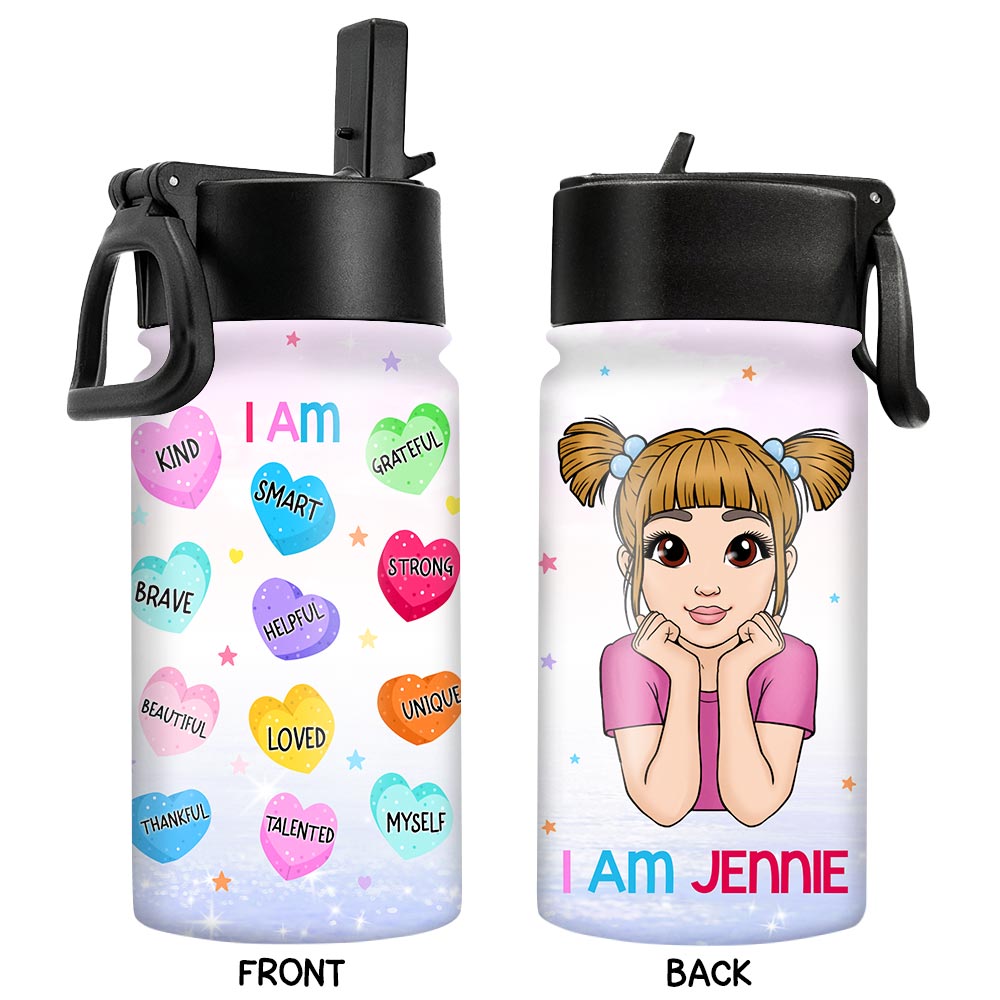 Personalized Affirmation Gift For Daughter Granddaughter I Am KInd Kids Water Bottle With Straw Lid 25685 Primary Mockup