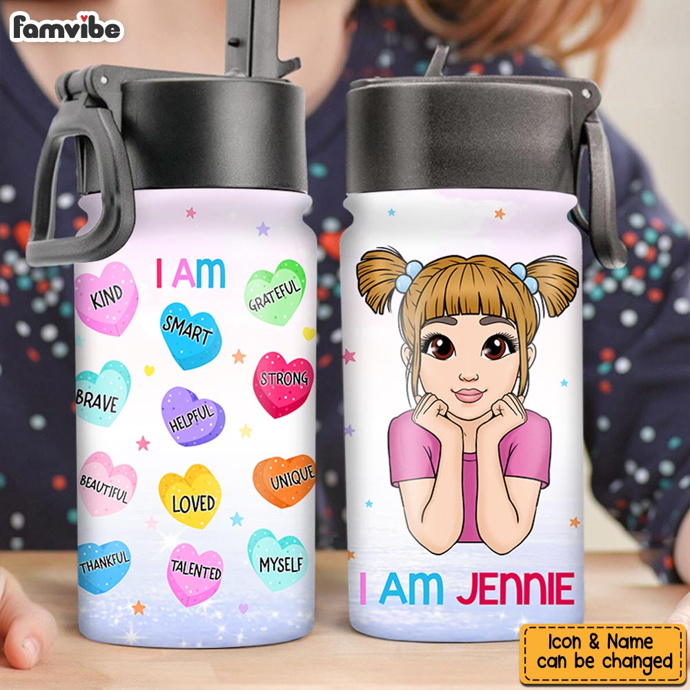 Personalized Affirmation Gift For Daughter Granddaughter I Am KInd Kids Water Bottle With Straw Lid 25685 Primary Mockup