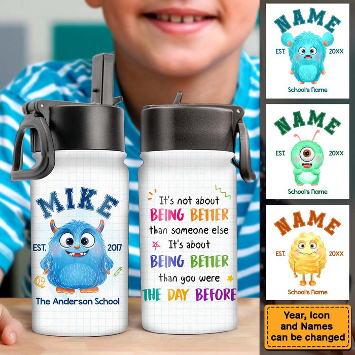 Personalized Gift For Grandson Granddaughter Monster School Kids Water Bottle With Straw Lid 25757 1
