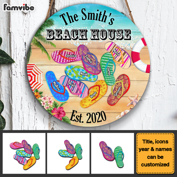 Personalized Gift For Family Beach House Flip Flops Round Wood Sign 25864 1