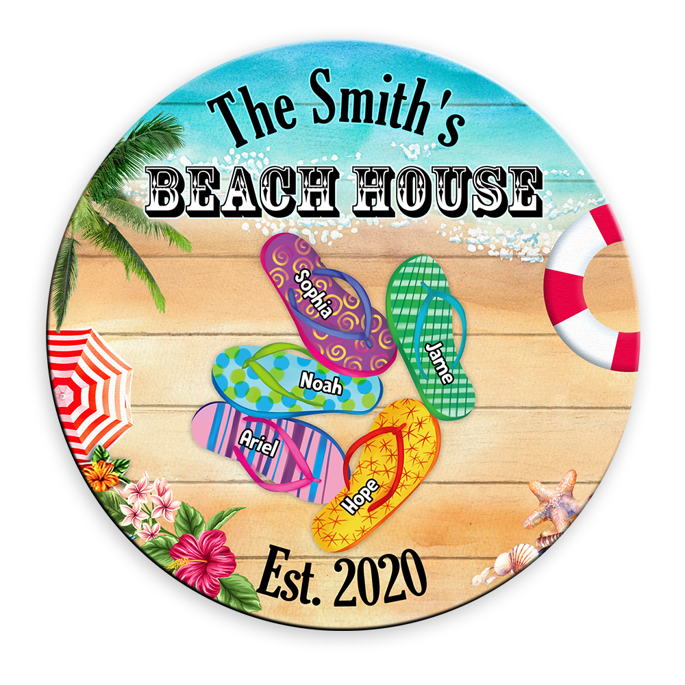 Personalized Gift For Family Beach House Flip Flops Round Wood Sign 25864 Primary Mockup