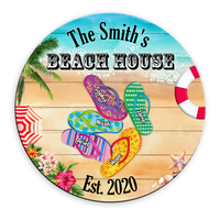 Personalized Gift For Family Beach House Flip Flops Round Wood Sign 25864 thumb 1