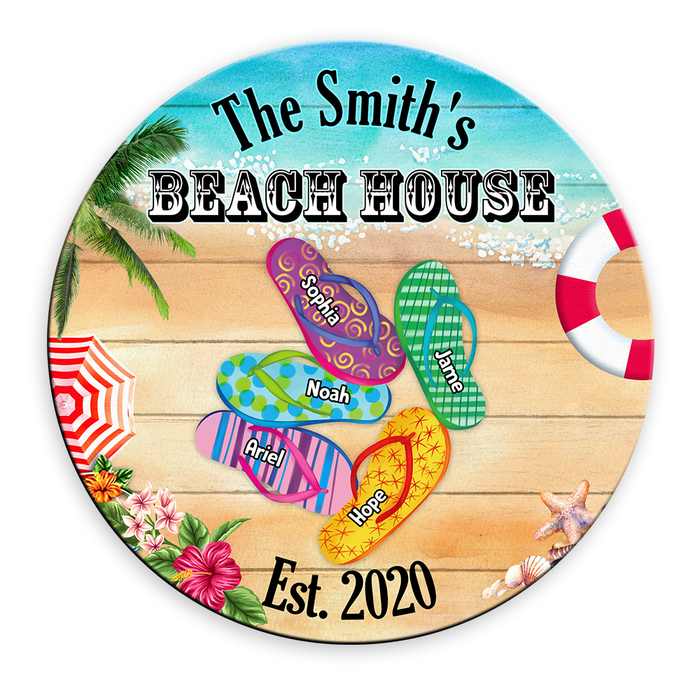 Personalized Gift For Family Beach House Flip Flops Round Wood Sign 25864 1