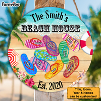 Personalized Gift For Family Beach House Flip Flops Round Wood Sign 25864 thumb 1