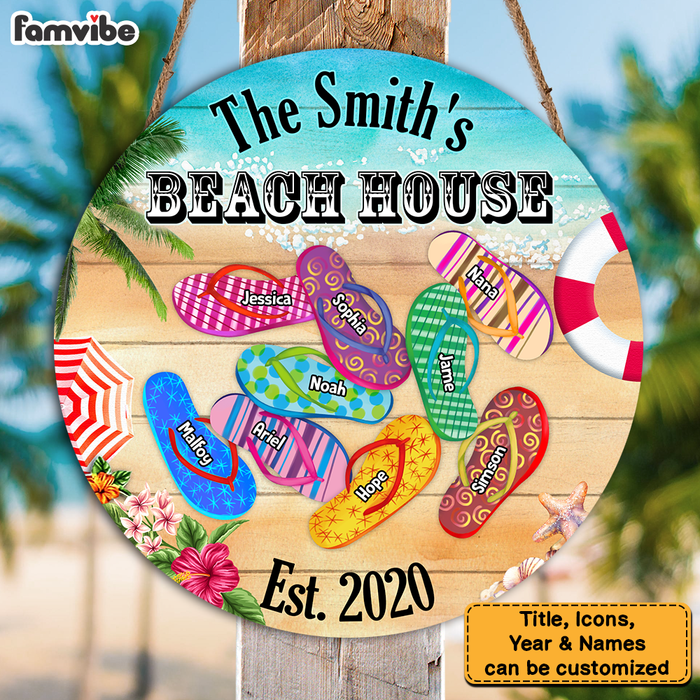 Personalized Gift For Family Beach House Flip Flops Round Wood Sign 25864 1
