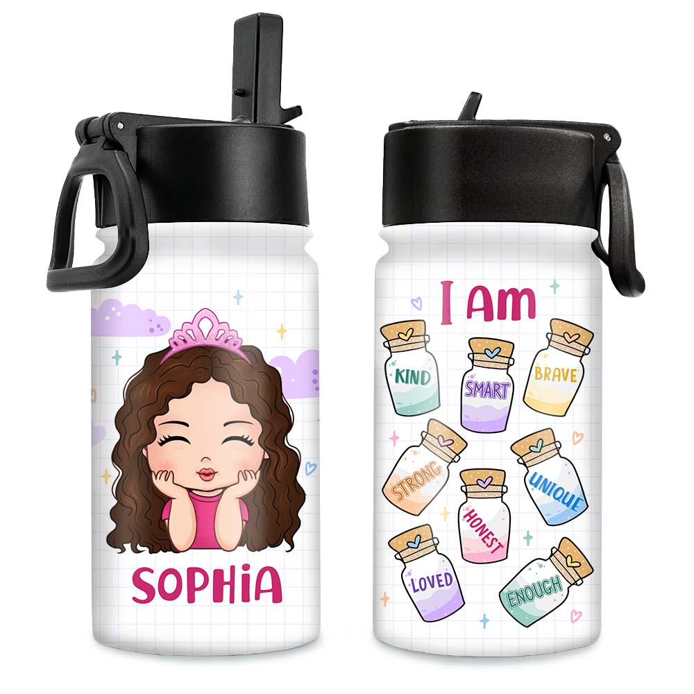 Personalized Gift For Daughter Granddaughter Self Affirmations Kids Water Bottle With Straw Lid 26038 Primary Mockup