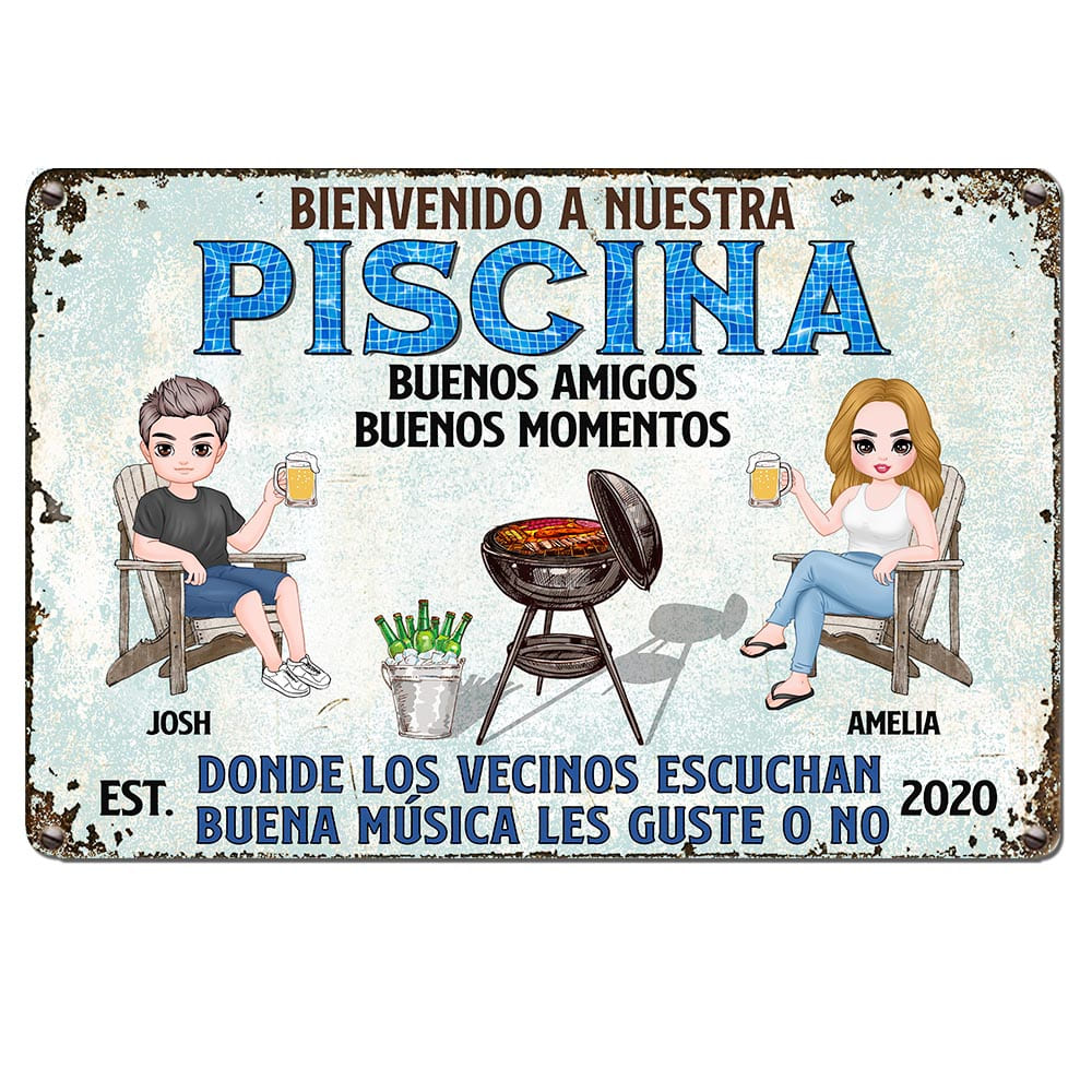 Personalized Gift For Couple Husband Wife Poolside Grilling Listen To The Good Music Spanish Metal Sign 26043 Primary Mockup