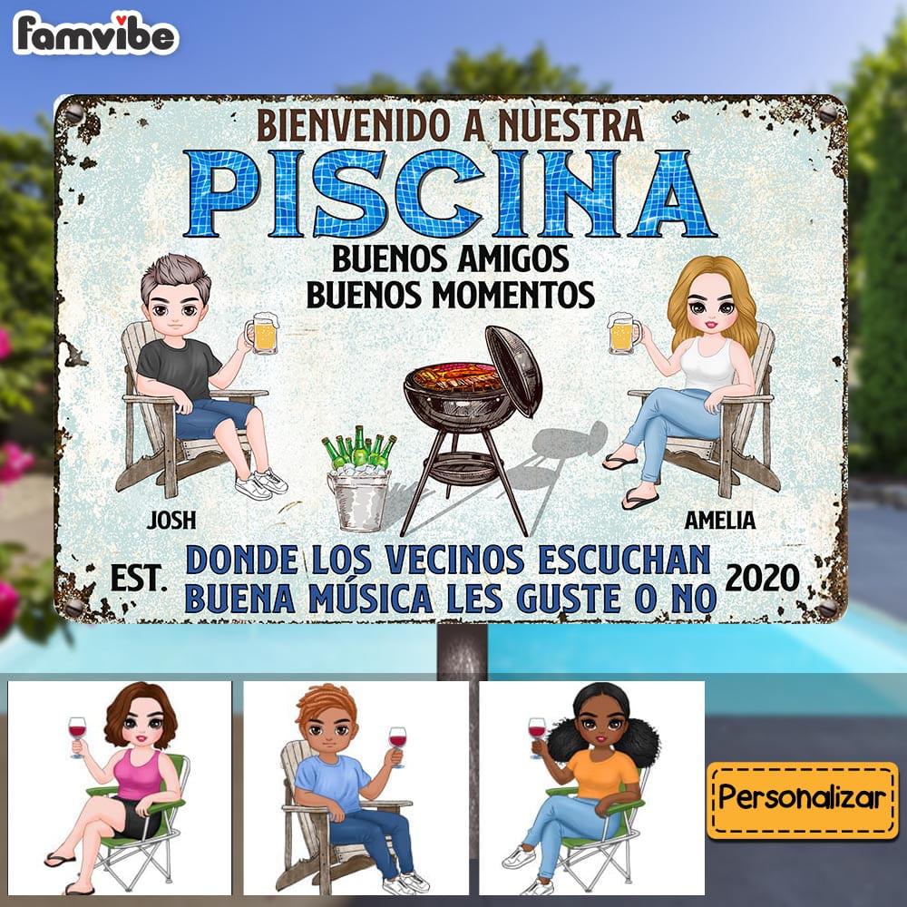 Personalized Gift For Couple Husband Wife Poolside Grilling Listen To The Good Music Spanish Metal Sign 26043 Primary Mockup