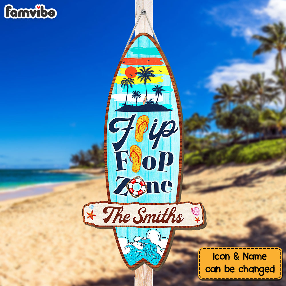 Personalized Gift for Family Beach Theme Tropical Flip Flop Zone Surf Board Wall Decoration for Outdoor Summer Decor Wood Sign 26162 Primary Mockup