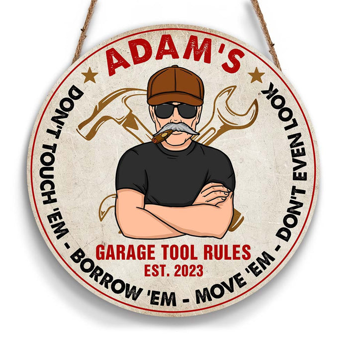Personalized Gift For Dad Garage Tool Rules Round Wood Sign 26174 1
