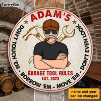 Personalized Gift For Dad Garage Tool Rules Round Wood Sign 26174 thumb 1