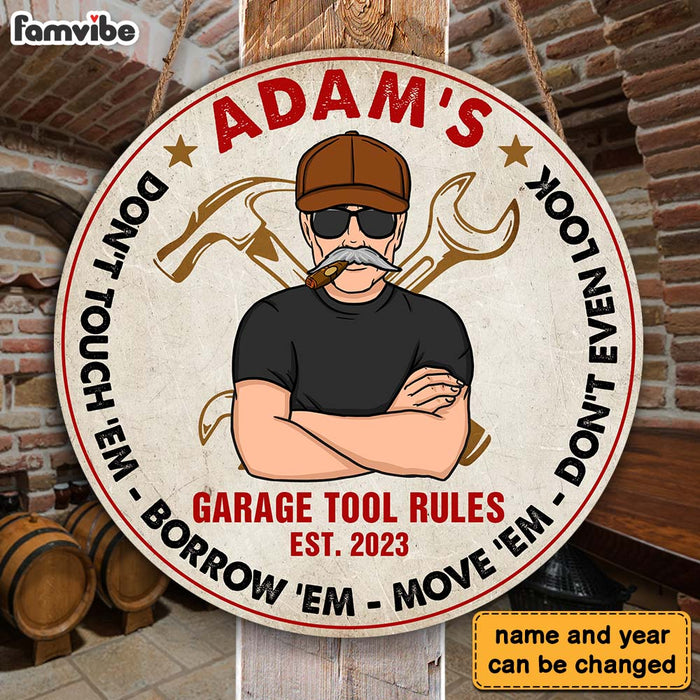 Personalized Gift For Dad Garage Tool Rules Round Wood Sign 26174 1