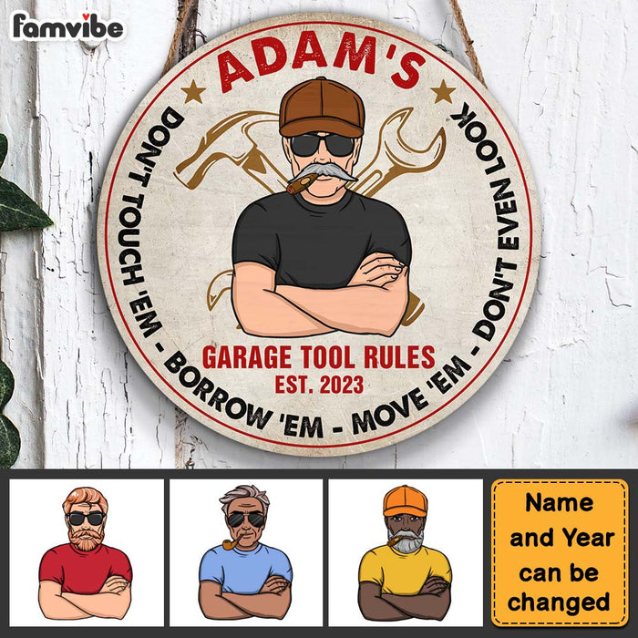 Personalized Gift For Dad Garage Tool Rules Round Wood Sign 26174 1