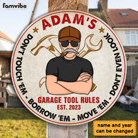 Personalized Gift For Dad Garage Tool Rules Round Wood Sign 26174 thumb 1