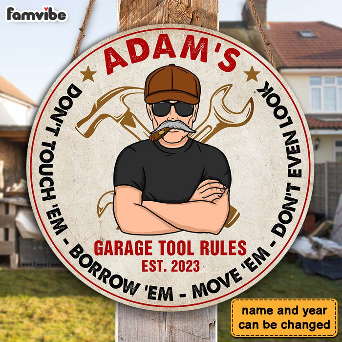 Personalized Gift For Dad Garage Tool Rules Round Wood Sign 26174 1