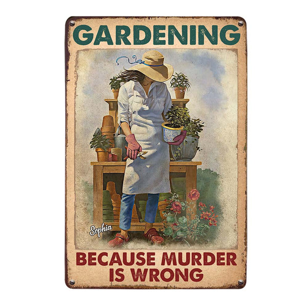 Inga Targa decorativa da parete in metallo, stile vintage, con scritta Gardening Because Murder Is Wrong, 20,3 x 30,5 cm